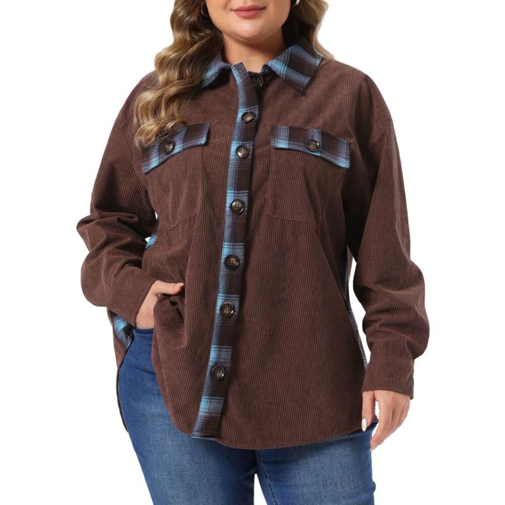Women's Plus Size Plaid Collar Button Corduroy Shacket Jacket Brown
